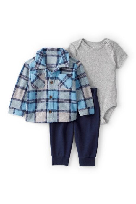 Set tres piezas, pantalón y body de algodón, con camisa escocesa de micropolar Sin color