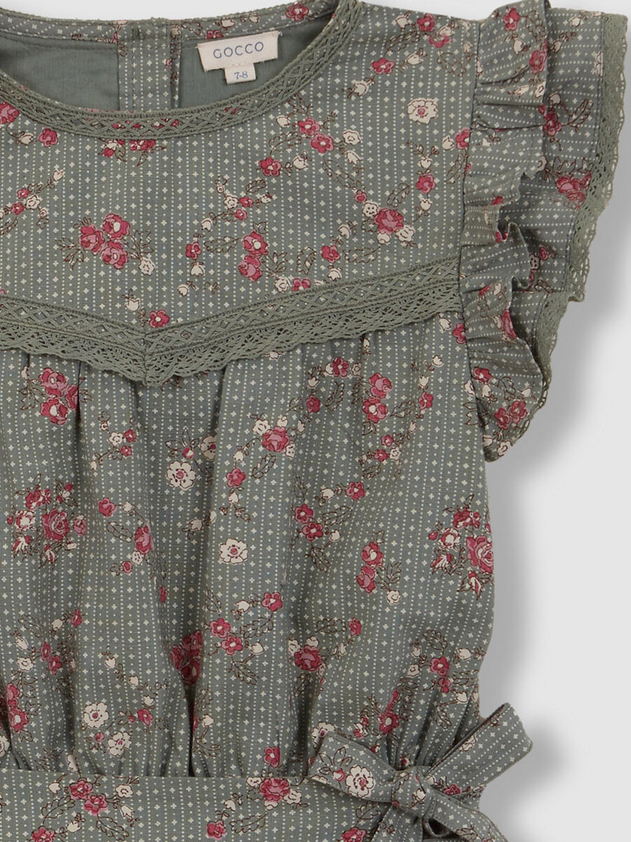 Vestido Estampado De Flores Con Tiras Bordadas Verde