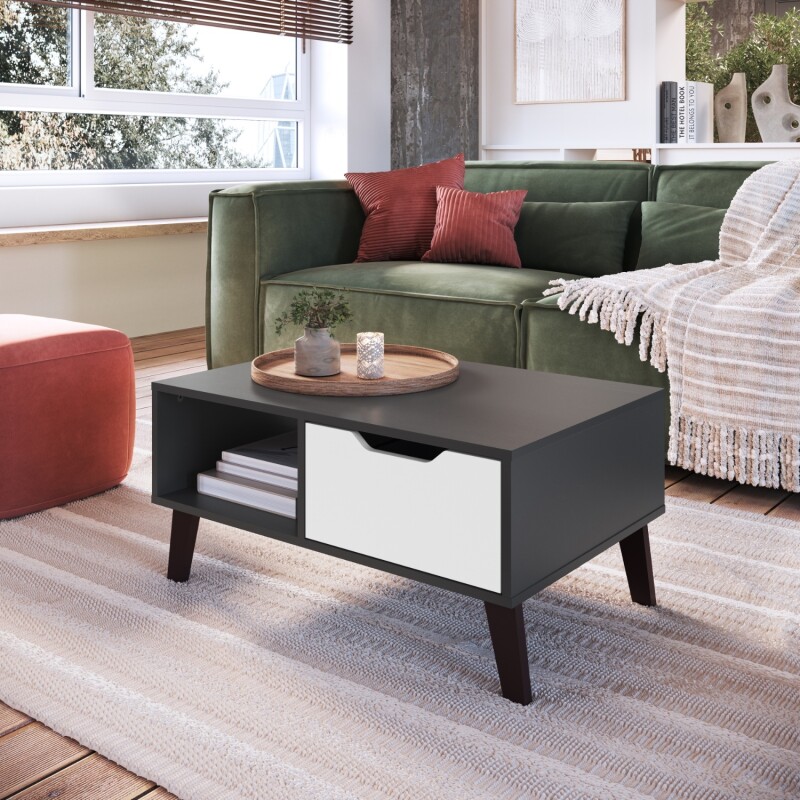 Mesa Ratona De Centro Living Grafito Blanco Con Cajón Y Estante Mesa Ratona De Centro Living Grafito Blanco Con Cajón Y Estante