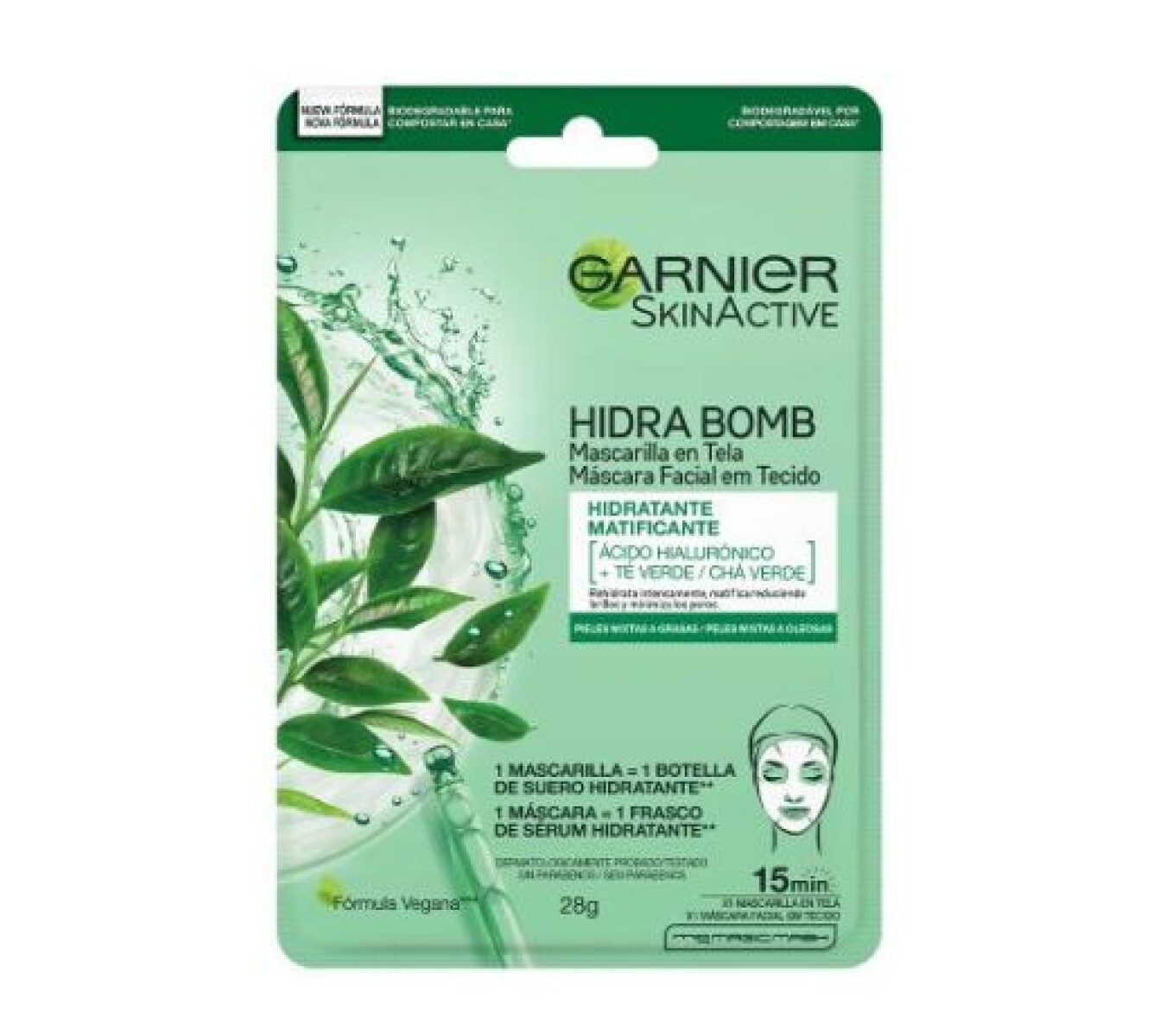 Garnier Mascarilla en Tela Hidra Bomb Hidratante Matificante Ácido Hialurónico + Té Verde – Piel Hidratada y Control de Brillo
