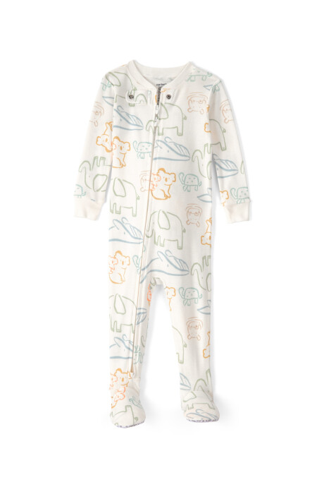 Pijama enterito de algodón con pie, marfil, diseño animales Sin color