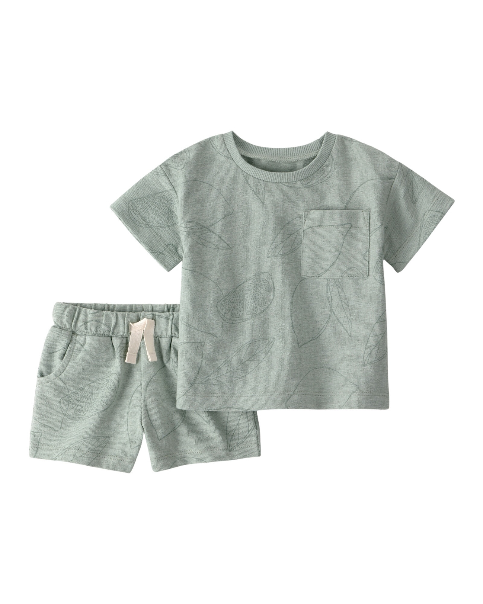 Set dos piezas de algodón orgánico, short y remera, verde, diseño cítricos Sin color