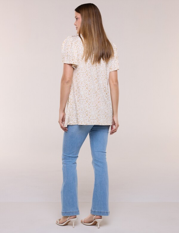 Blusa Mandalas Con Aplique étnico Y Mangas Volado BEIGE/MULTI