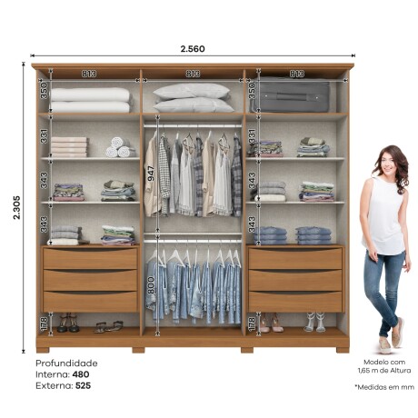 ROPERO NAPOLI 6 PUERTAS 6 CAJONES INTERNOS CON ESPEJO GUARDARROPA CLOSET ARMARIO CANELA