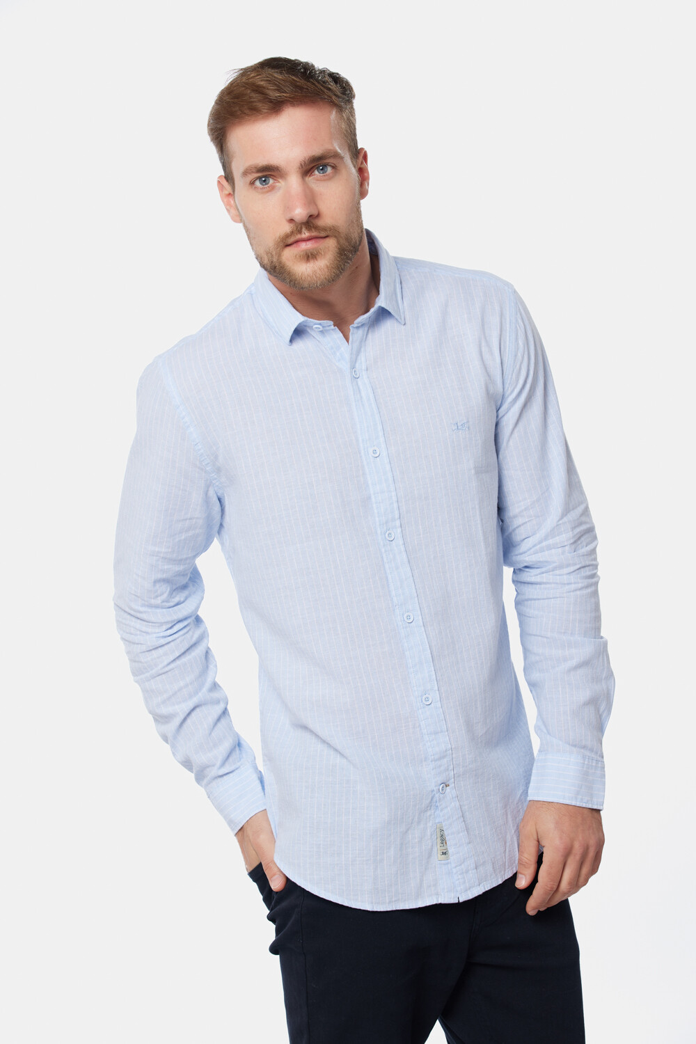 CAMISA DE LINO RAYADA Celeste