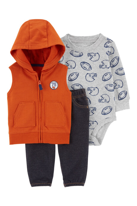Set tres piezas chaleco y body de algodón, con pantalón jean Set tres piezas chaleco y body de algodón, con pantalón jean