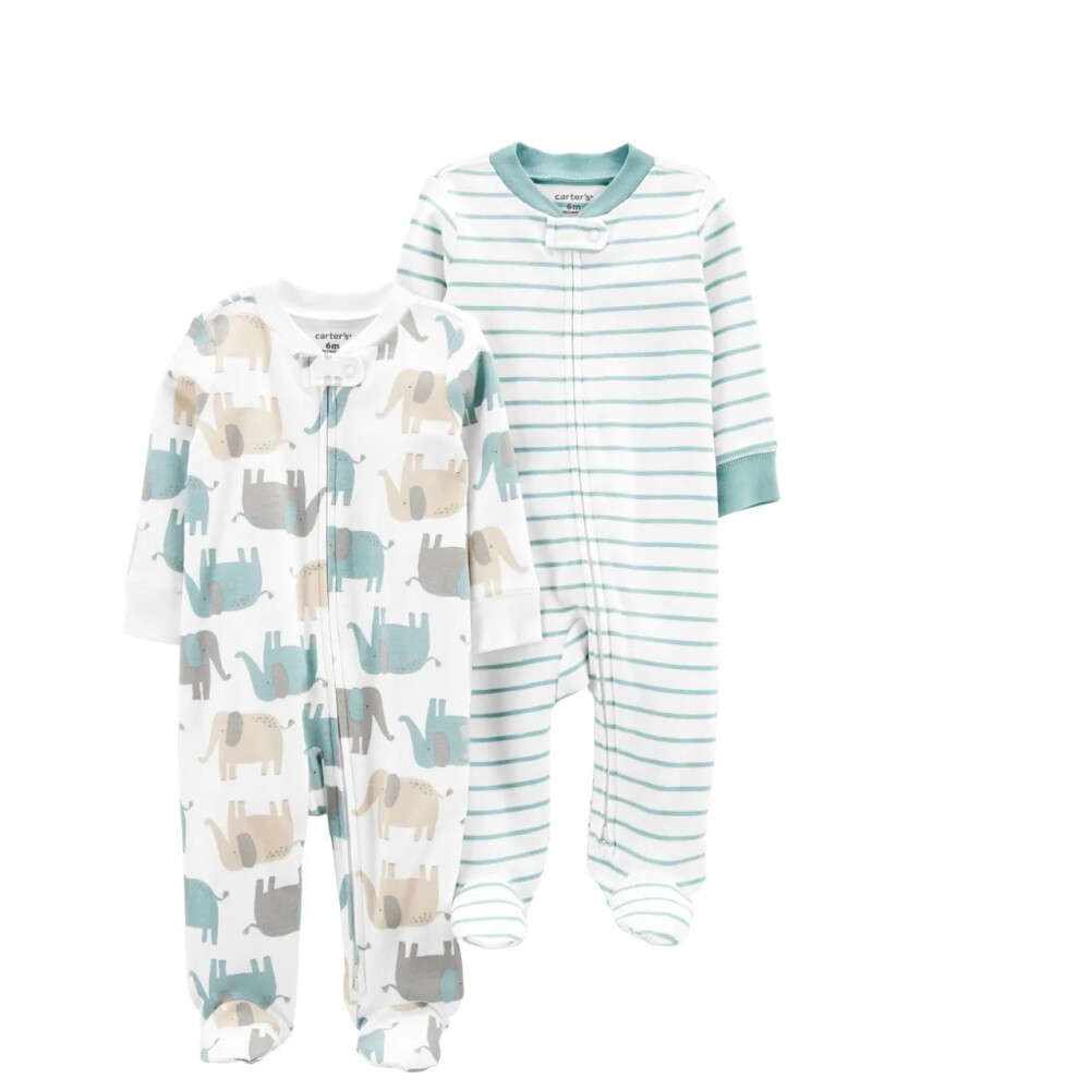 Enterito X2 algodón Carters con pie RN Elefante Celeste Beige Striped Pastel
