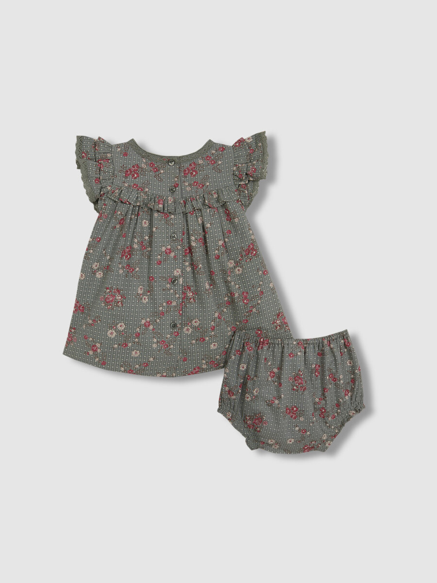 Vestido Estampado De Flores Con Tiras Bordadas Verde