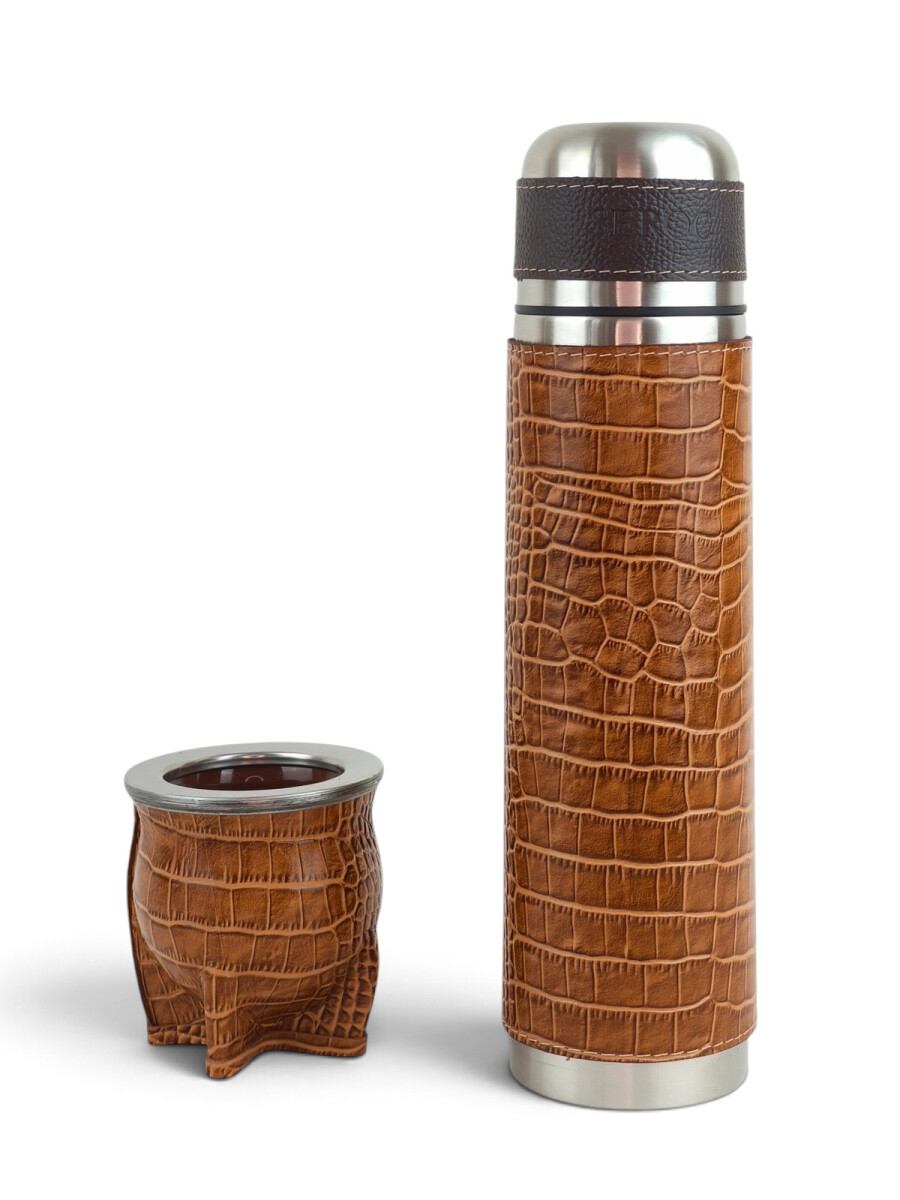Kit termo y mate en cuero premium - Marrón 