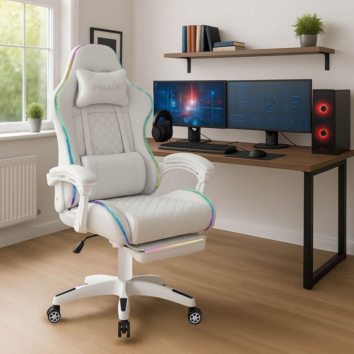 Silla Gamer Con Luces Led Ergonomica Escritorio y apoyapies con Cuero Sintético Imback Color Blanco 