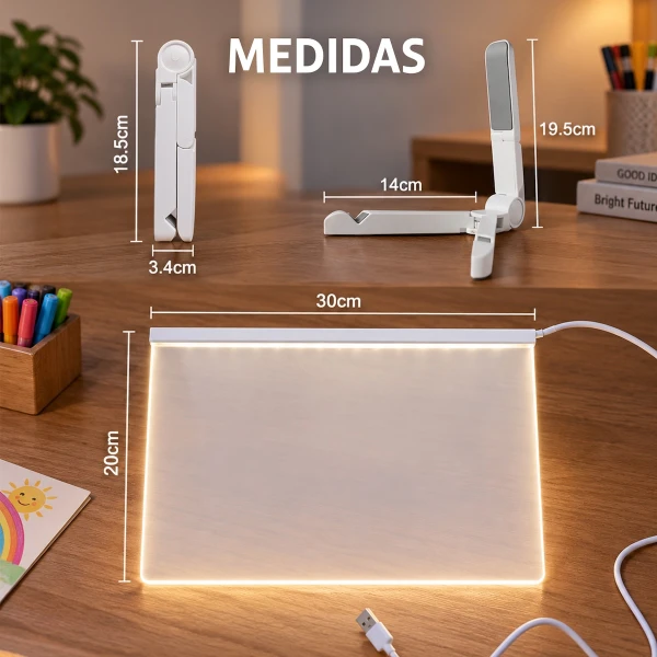 Medidas de la pizarra: 30 cm de ancho por 20 cm de alto; soporte plegado 18,5 por 3,4 cm