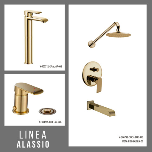 JUEGO DE GRIFERIA COMPLETO. INCLUYE DUCHA EMBUTIDA, VISTA, LAVATORIO ALTO Y BIDET ORO SEMI MATE AQUALIA 000