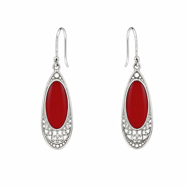 Caravanas Oval - Plata 925 - Coral Rojo - CA4374 conpiedra