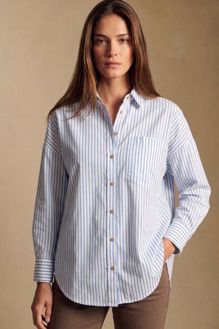 Camisa Rayada Con Lino Light Blue