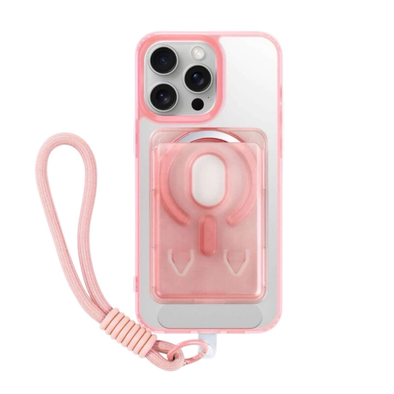 Estuche TPU Para iPhone 17 Pro Rosa con Correa y Tarjetero Estuche TPU Para iPhone 17 Pro Rosa con Correa y Tarjetero
