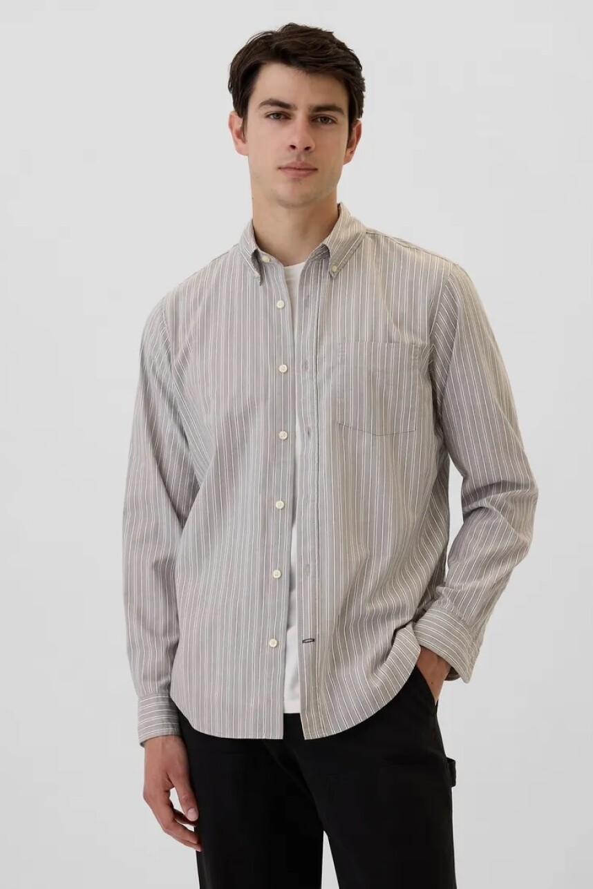 Camisa Poplin Hombre Grey White Stripe