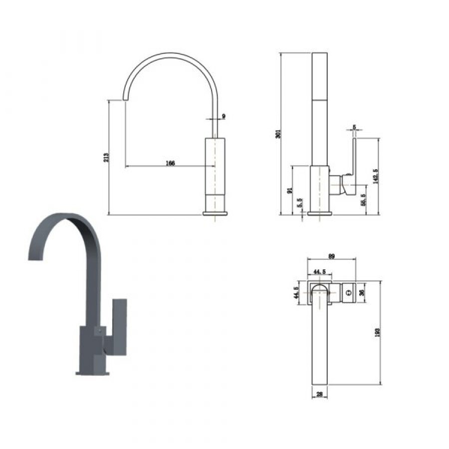 Griferia de Cocina Monocomando con Pico Curvo Black Linea Apollo Griferia de Cocina Monocomando con Pico Curvo Black Linea Apollo