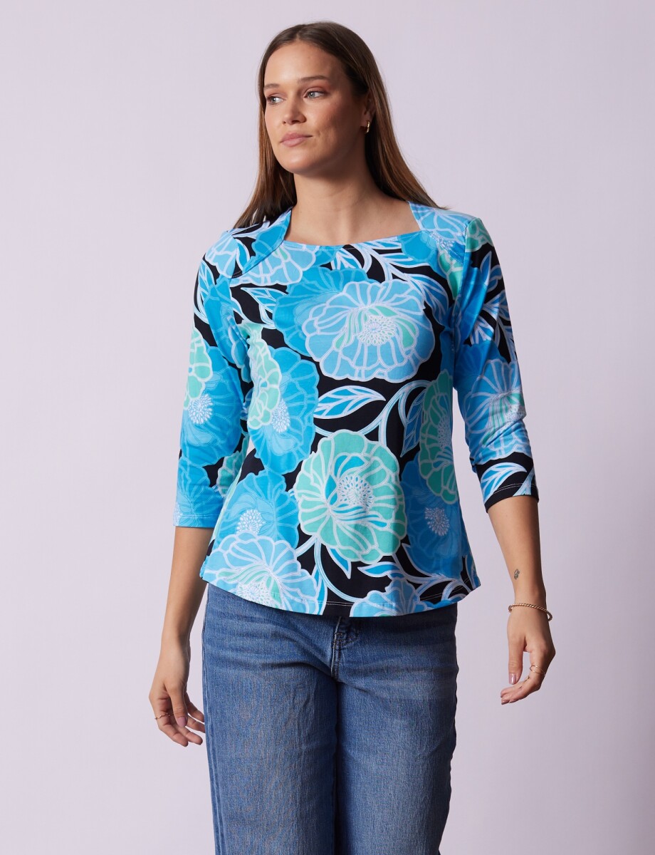 Remera Esc Cuadrado Flores - Celeste/multi 