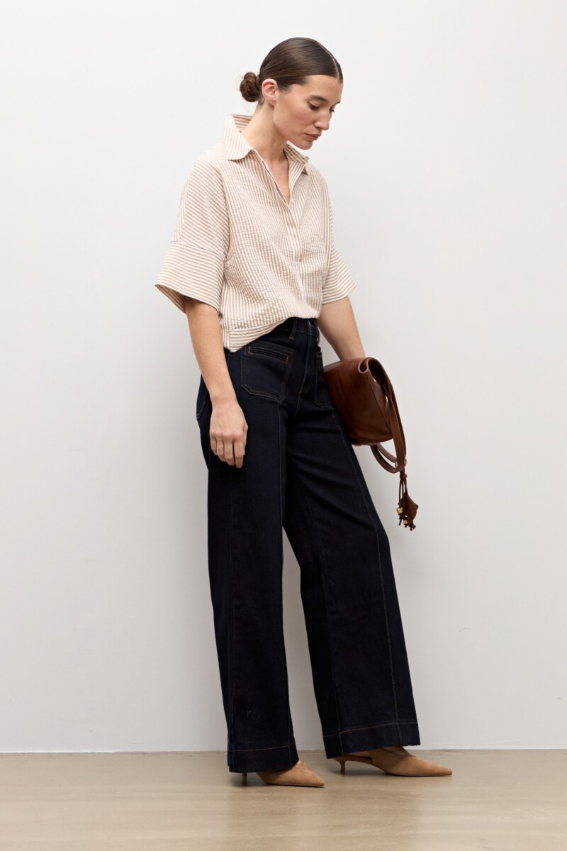 Camisa rayada manga corta beige