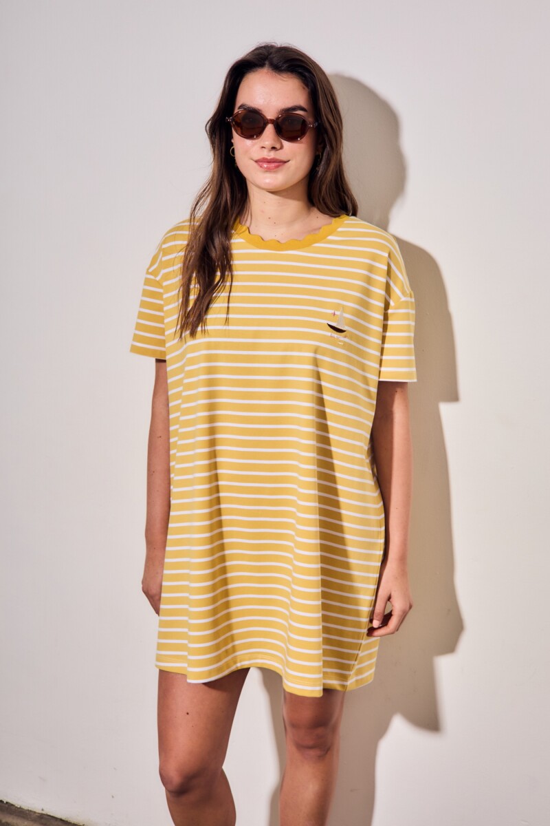 Vestido Manga Corta Rayado - Amarillo 