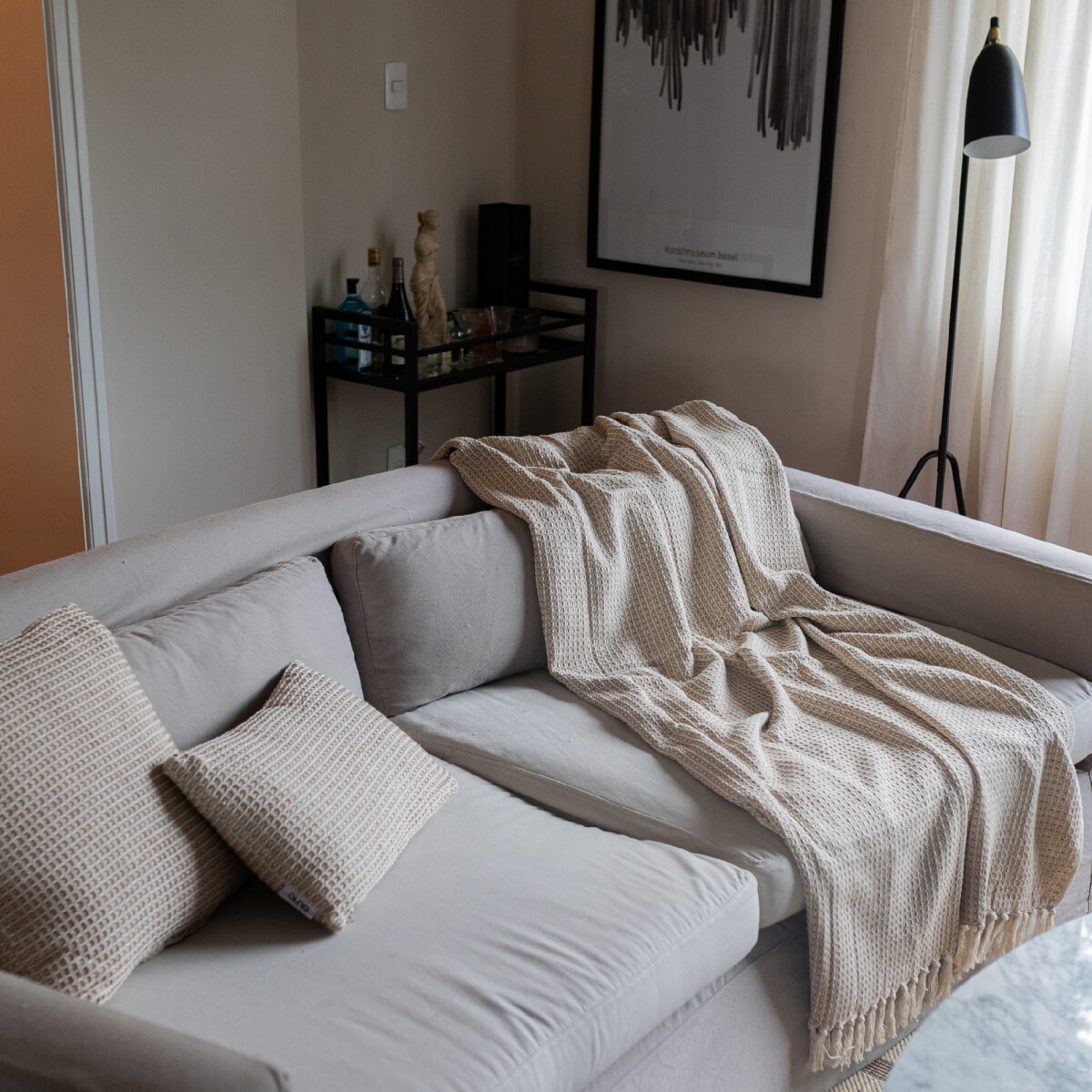 Manta para sillón y cama algodón Beige Waffle - 180 x 130 cm 