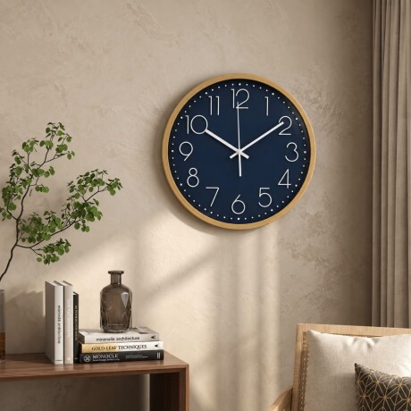 Reloj de Pared Decorativo Minimalista Azul Marino con Marco Símil Madera - Ø 34cm Reloj de Pared Decorativo Minimalista Azul Marino con Marco Símil Madera - Ø 34cm