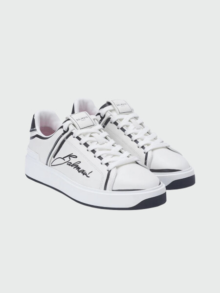 Balmain - Championes acordonados de cuero estampados, B-Court Blanco