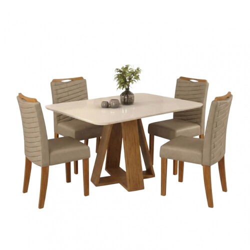 Juego De Comedor - 4 Sillas + Mesa Tapa De Vidrio - Celeste Marrón | Beige