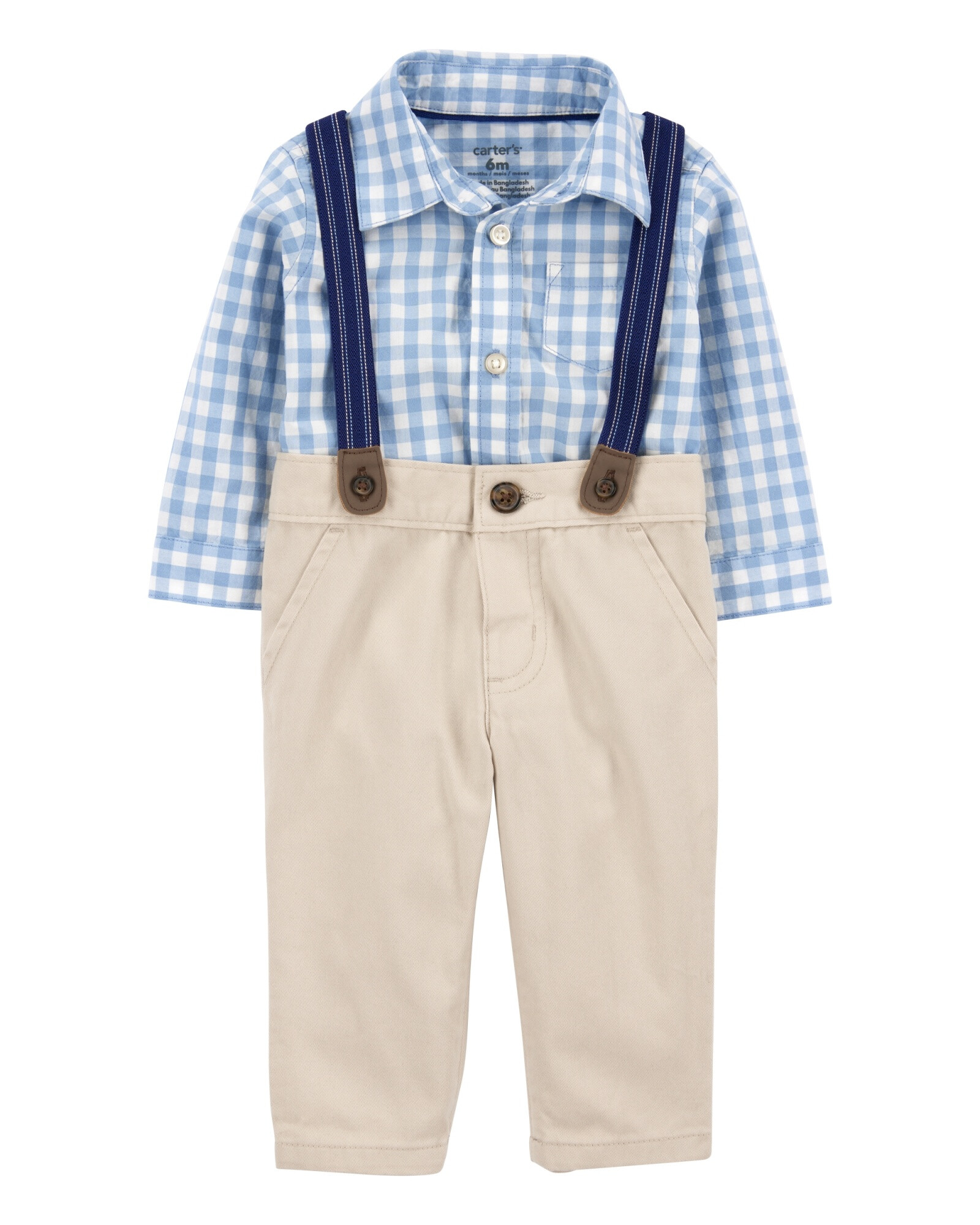 Set tres piezas de algodón, pantalón con tirantes y body camisa Set tres piezas de algodón, pantalón con tirantes y body camisa