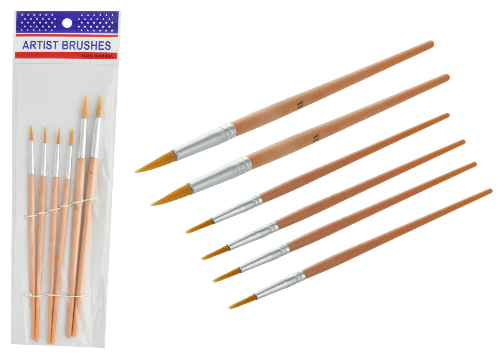PINCELES X6PCS PUNTA FINA MANGO MADERA DIFERENTES TAMAÑOS BOLSA 19662 