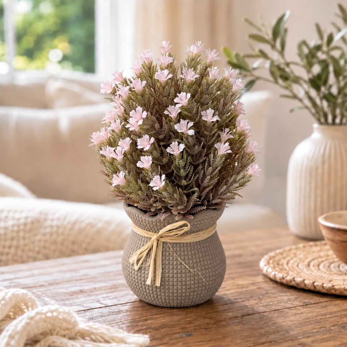 Planta Artificial con Flores Rosa Claro y Maceta Decorativa con Lazo Altura 25cm 
