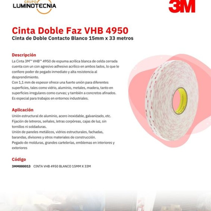 CINTA DOBLE FAZ 4950 BLANCA 15MM X 33M ESP 1,1MM - 3M CINTA DOBLE FAZ 4950 BLANCA 15MM X 33M ESP 1,1MM - 3M