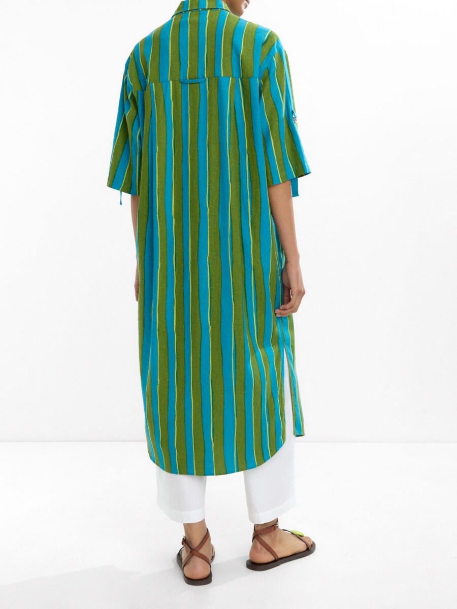 Vestido Camisero A Rayas Mezcla De Lino azul