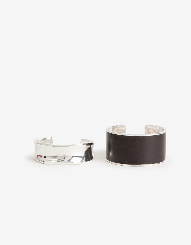 Brazaletes Color Set Brazaletes Metal Y Cuerina - Plateado Niquel