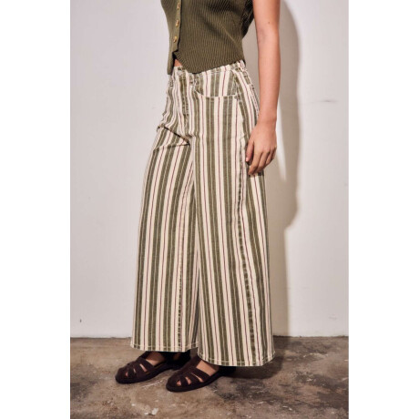 Jean Wide Leg Rayado Oliva Y Crema