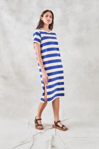 Vestido Rayado Con Lino Azul Francia