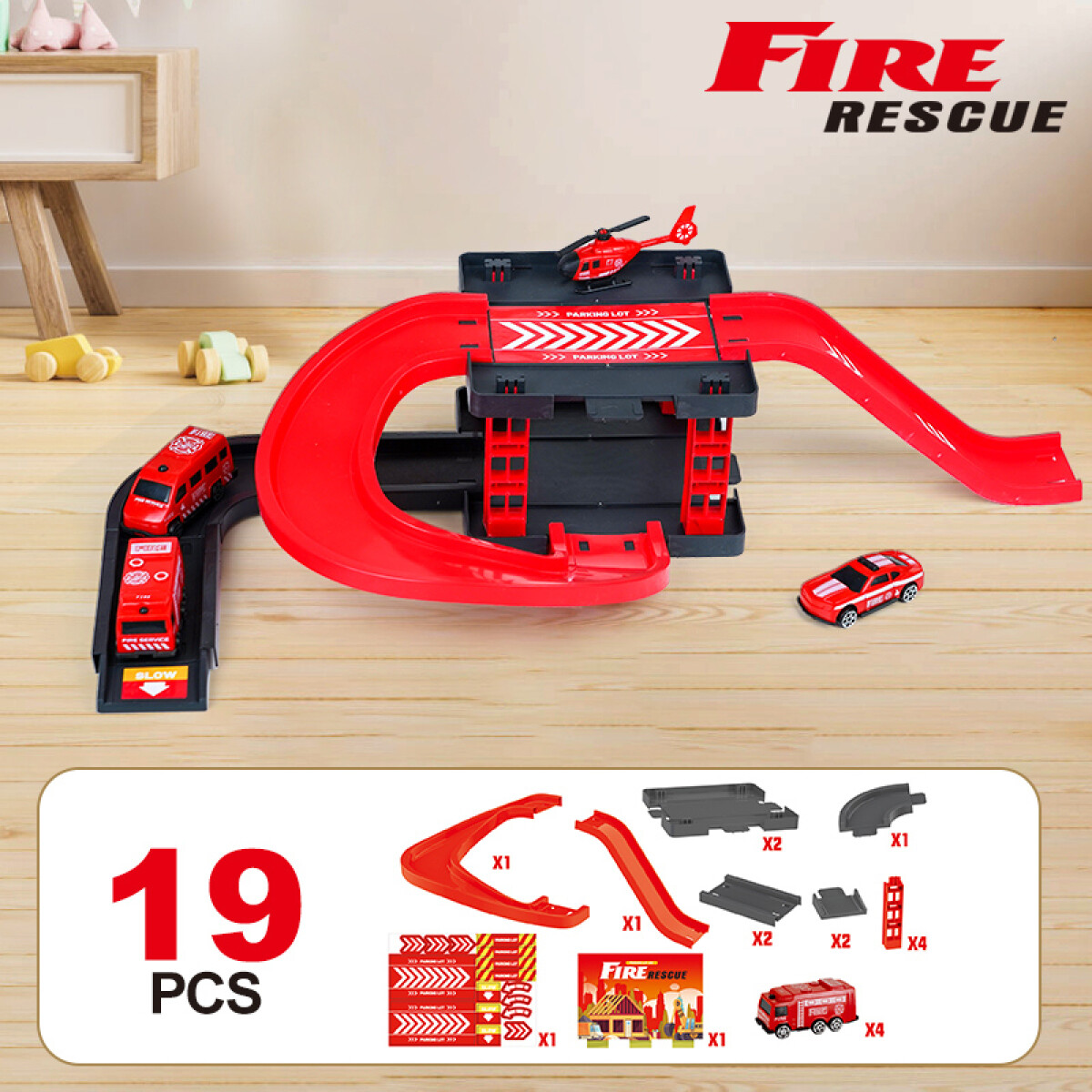 Pista De Autitos De Juguete - Bomberos - 19 Piezas 