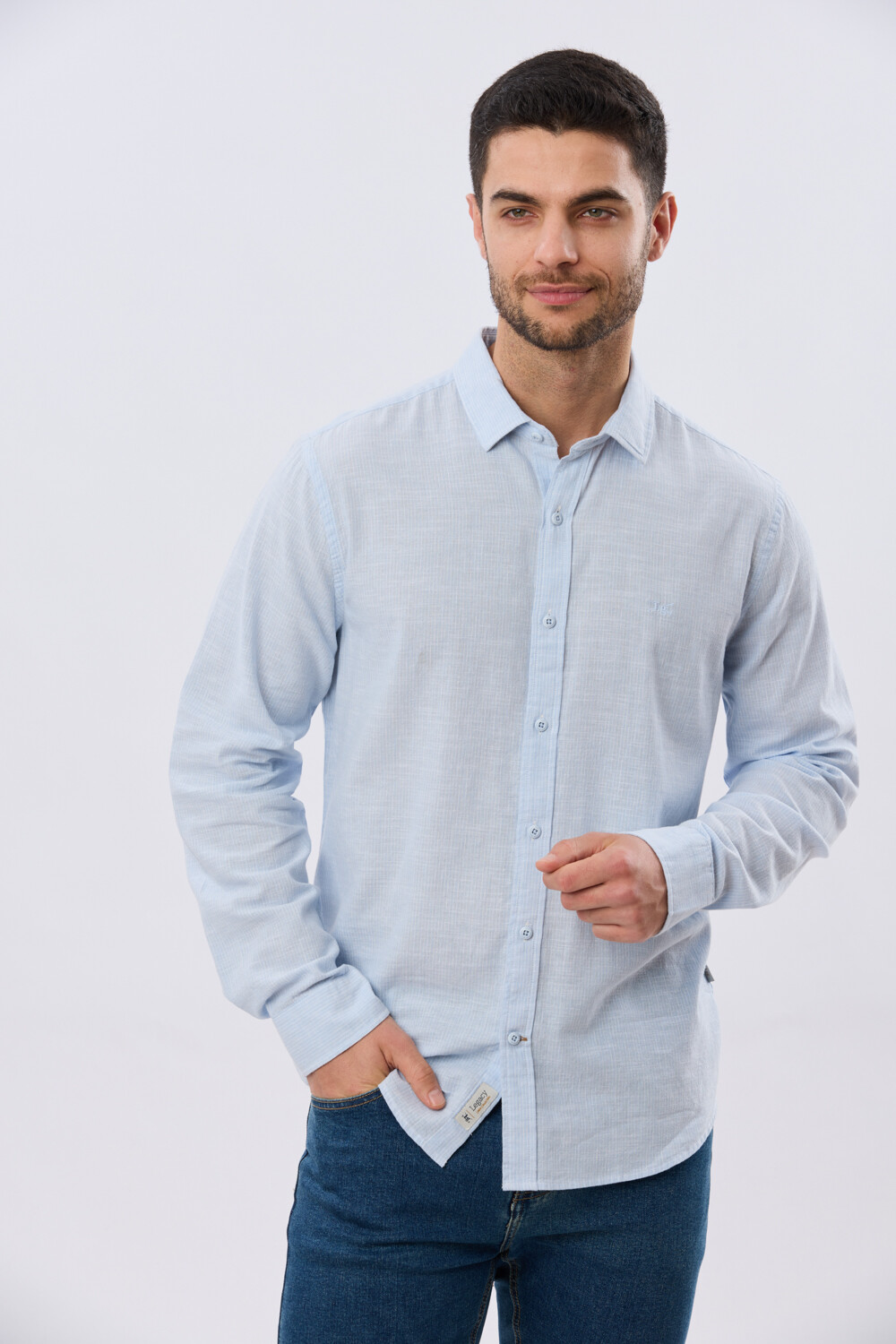 CAMISA RAYADA DE LINO Celeste