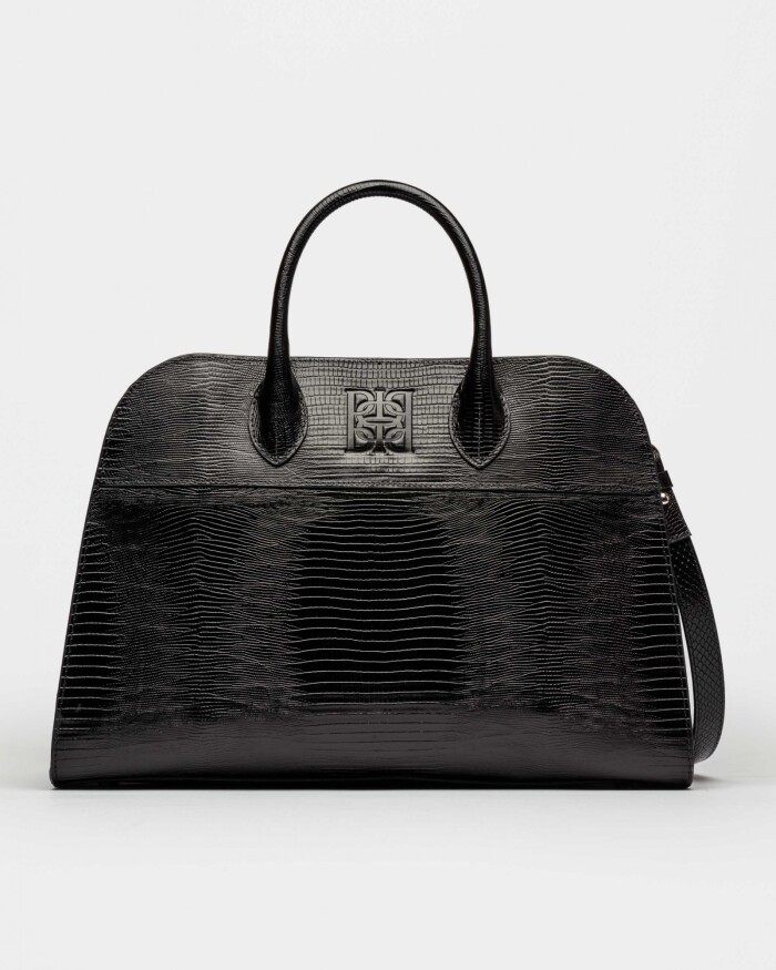 Cartera de Mano The Roots En Cuero Grabado Lagarto Negro
