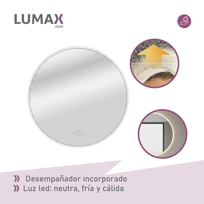Espejo Lumax Doddy marco redondo con desempañador y luz 60cm Blanco