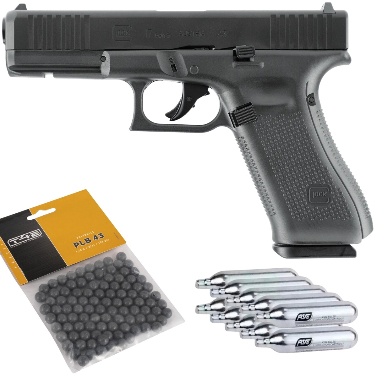 Combo pistola traumática Glock 17 cal .43 + 10 garrafas de CO2 + 100 balines 