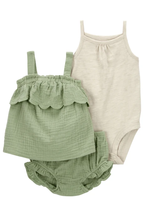 Set tres piezas de algodón, short, musculosa y body Set tres piezas de algodón, short, musculosa y body
