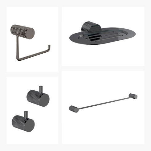 Set de accesorios incluye 2 perchas,toallero recto,portarrollo y jabonera 000