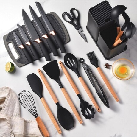 Utensilios Y Cuchillos Cocina Con Soporte Y Tabla Set 19pcs Color Negro Utensilios Y Cuchillos Cocina Con Soporte Y Tabla Set 19pcs Color Negro