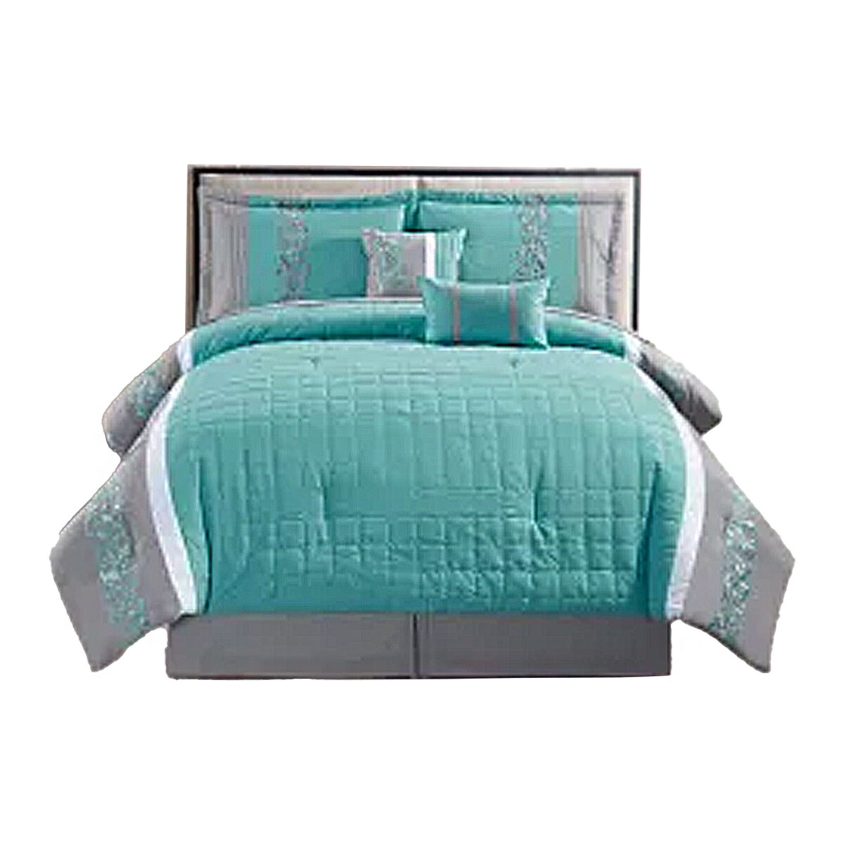 Set de Cama 1 Plaza 6 Piezas c/ Acolchado Almohadones Fundas - Verde Agua/gris 