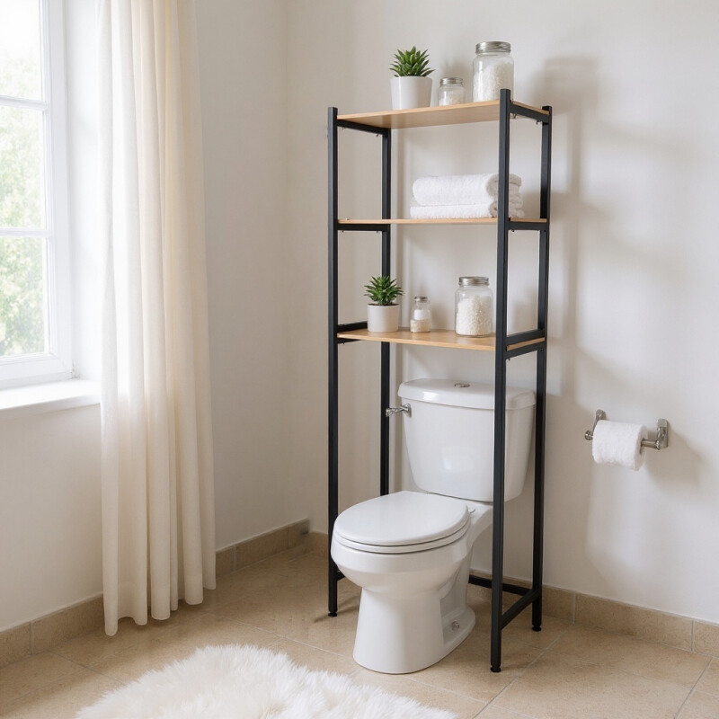 Mueble Hierro y Madera Organizador Rack baño sobre inodoro Negro