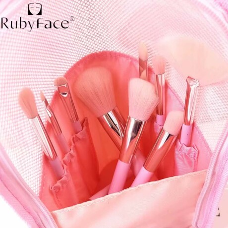Set Maquillaje 10 Brochas Pinceles con Estuche + Esponjas Rosa