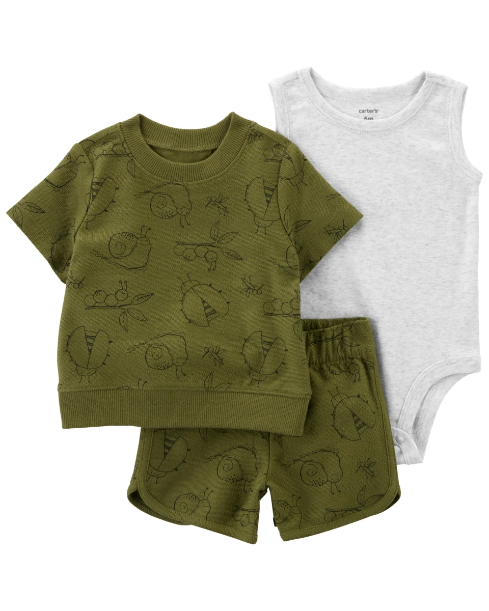 Set Carters Bichos 3 Piezas Short Buzo y Body Algodón - VERDE-BLANCO 