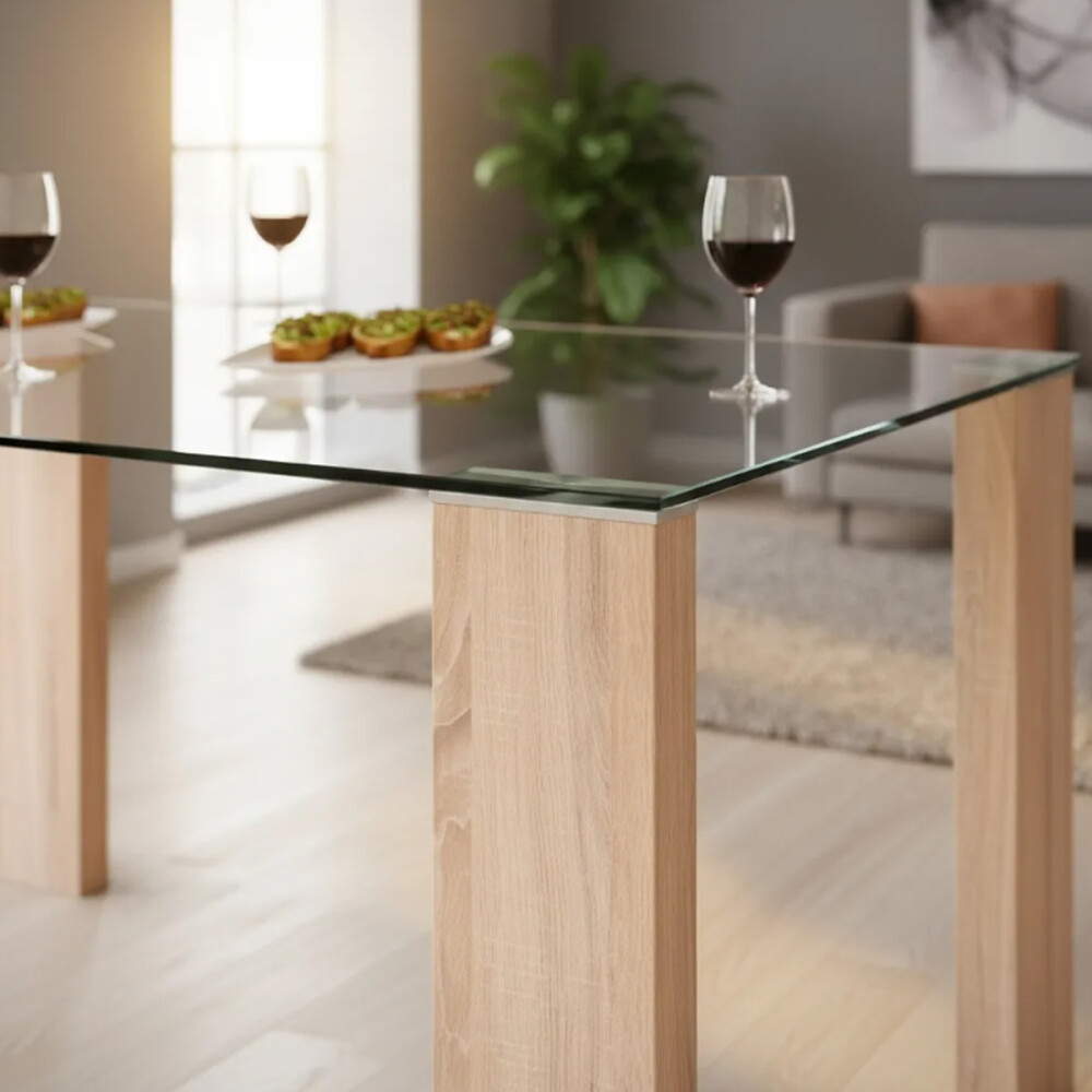 Juego De Comedor 4 Sillas Ecocuero Mesa De Vidrio Beige