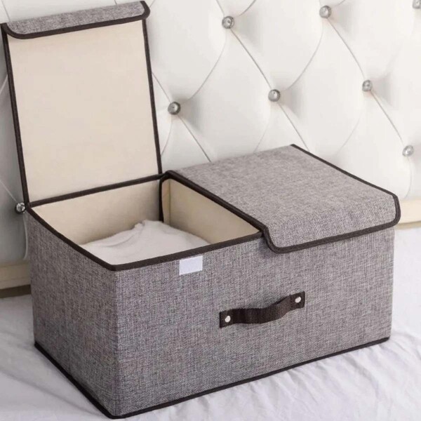 Caja Organizadora Plegable Ropa Doble Compartimiento Premium Color Gris y Blanco